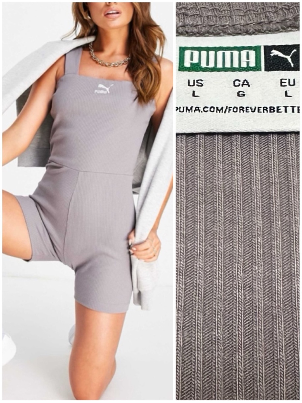 PUMA x ASOS Ribbed Unitard in Grey
Granite / White Embroidered Playsuit Romper